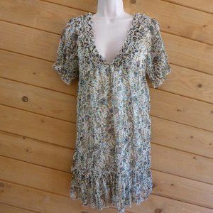 g.b.a Green Floral Deep V-neck Tunic Ruffle Lined Mini Dress S 100% Polyester